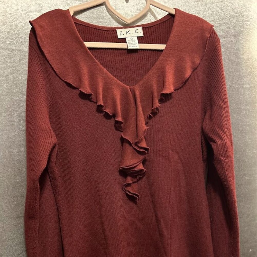 I.K.C. Wool Acrylic Blend Ruffle Trim Sweater Cardigan Size Large